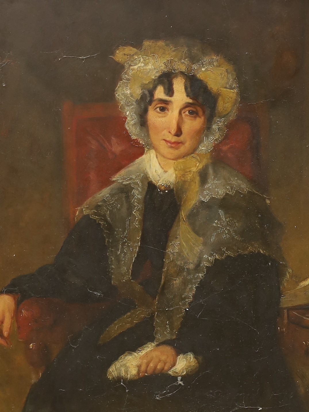 Attributed to John Prescott Knight, RA, B(1803-1881), oil on board, Portrait of Sarah, daughter of Francis Light (founder of Penang) and wife of General James Welsh (1779-1839), label verso, 45 x 34cm